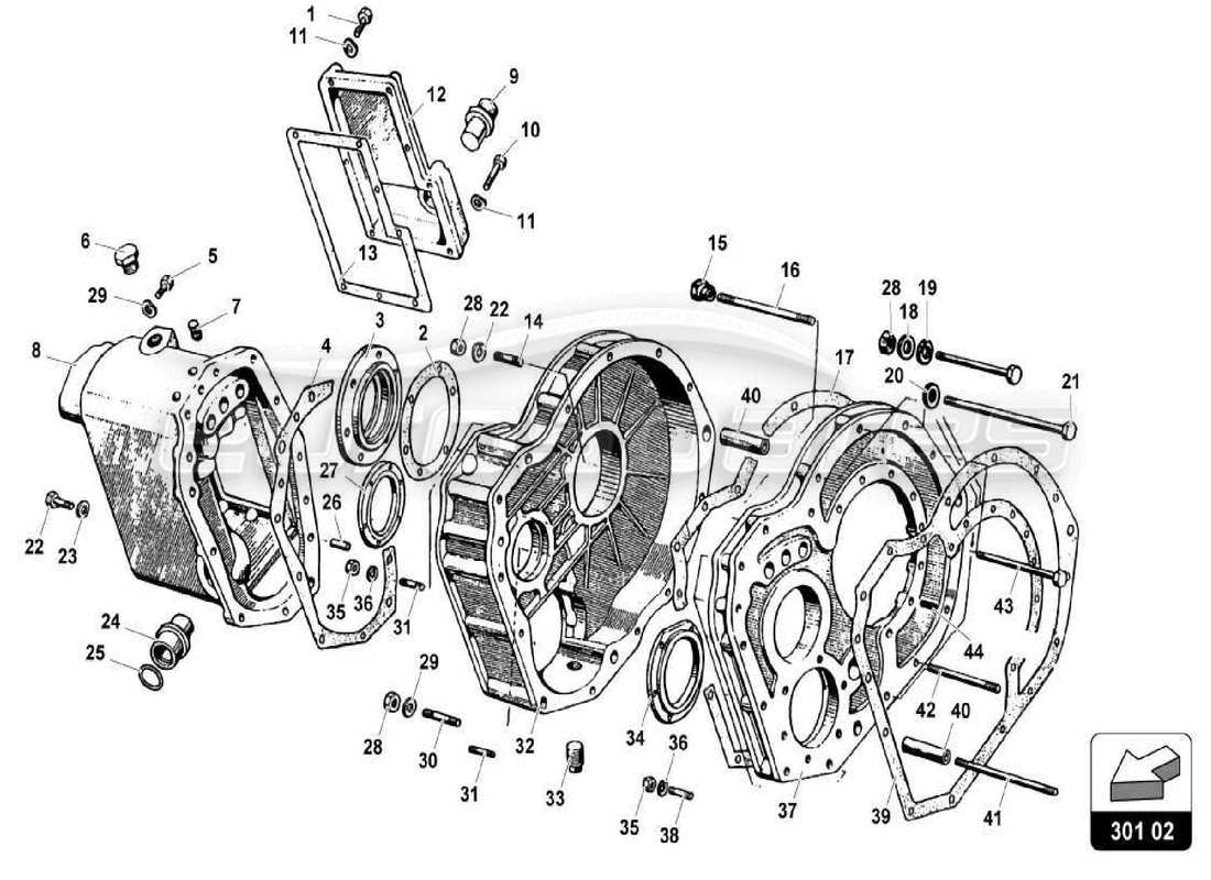 lamborghini miura p400s caja de cambios-diferencial trasero diagrama de piezas