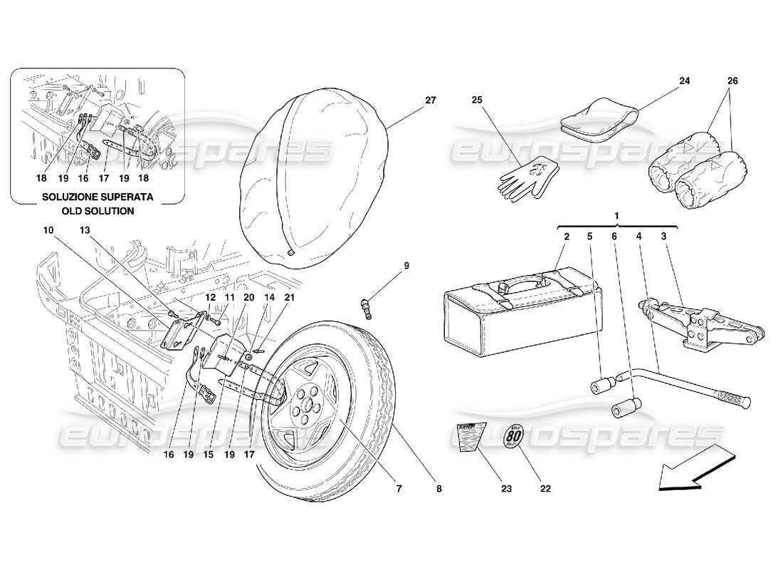 ferrari 355 (5.2 motronic) rueda de repuesto y equipo: diagrama de piezas opcionales
