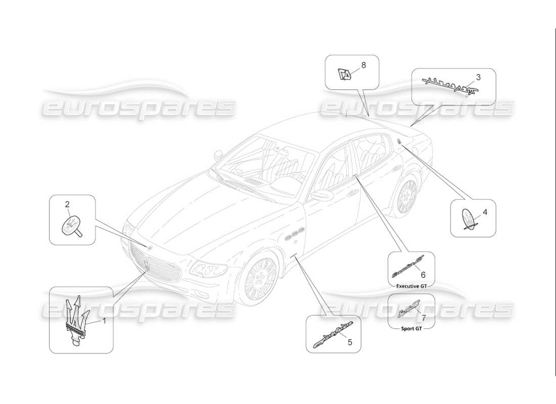maserati qtp. (2009) 4.7 auto diagrama de piezas de adornos, marcas y símbolos