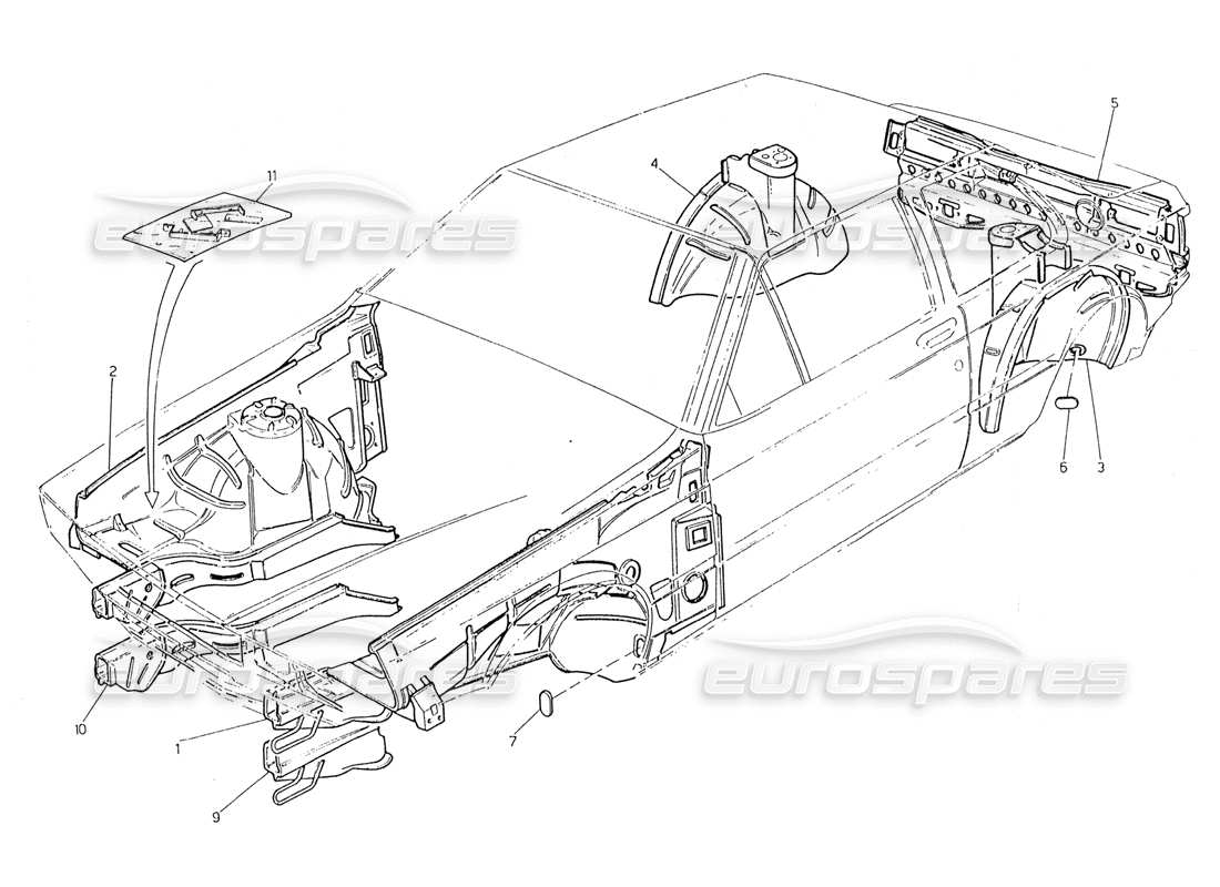 maserati 228 carrocería: diagrama de piezas de los paneles interiores