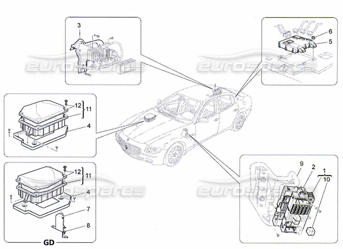 maserati qtp. (2010) 4.7 diagrama de piezas de relés, fusibles y cajas