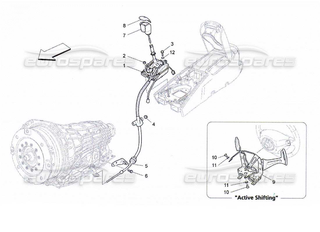 maserati qtp. (2010) 4.2 controles del conductor para el diagrama de piezas de la caja de cambios automática