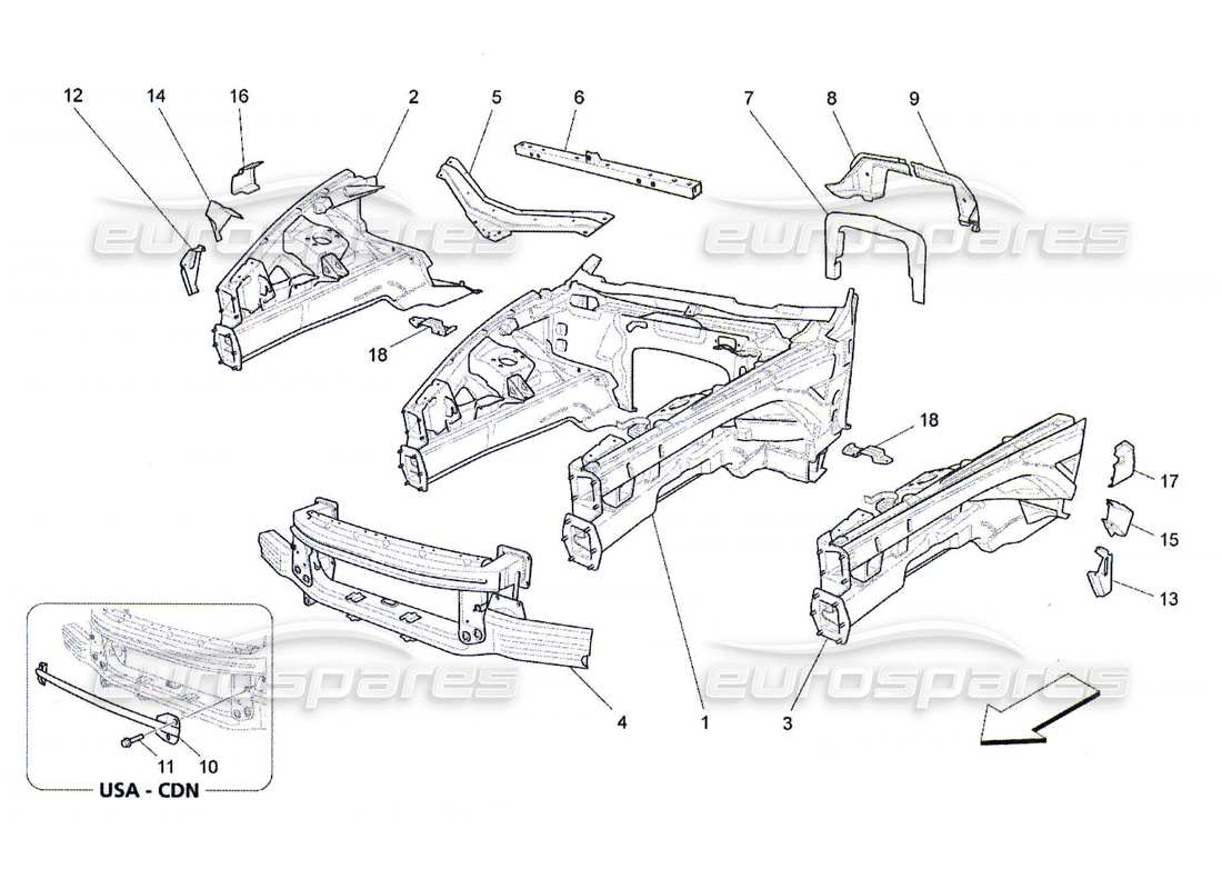 maserati qtp. (2010) 4.7 diagrama de piezas de marcos estructurales frontales y paneles laminares