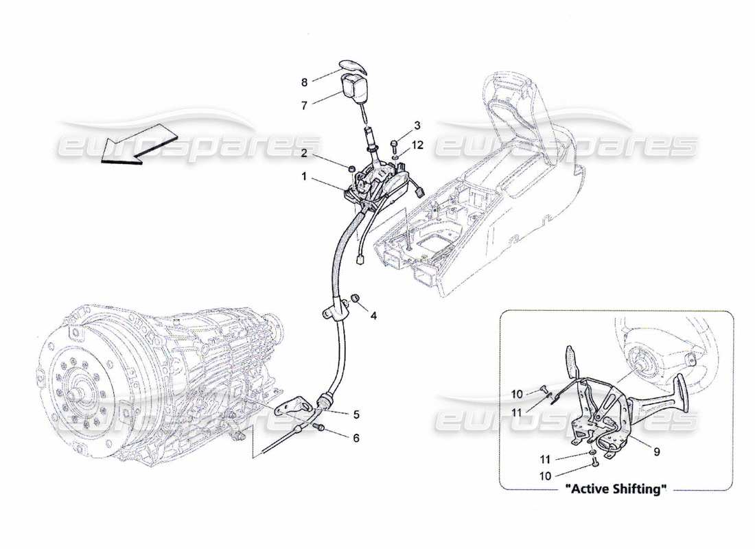 maserati qtp. (2010) 4.7 controles del conductor para el diagrama de piezas de la caja de cambios automática