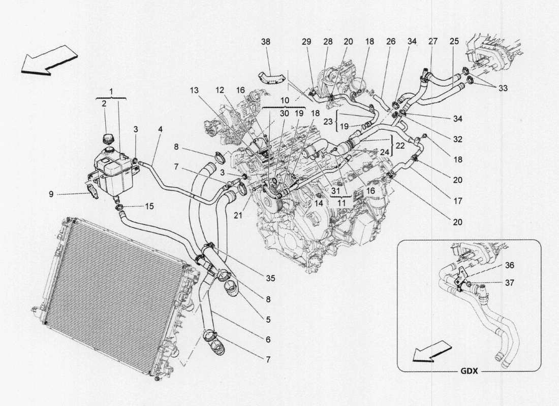 maserati qtp. v6 3.0 tds 275bhp 2017 sistema de refrigeración: diagrama de piezas de nourice y líneas