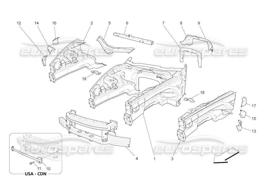 maserati qtp. (2011) 4.7 auto diagrama de piezas de marcos estructurales frontales y paneles laminares