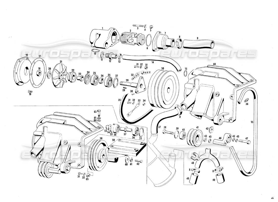 maserati qtp.v8 4.7 (s1 & s2) 1967 diagrama de piezas de refrigeración del motor