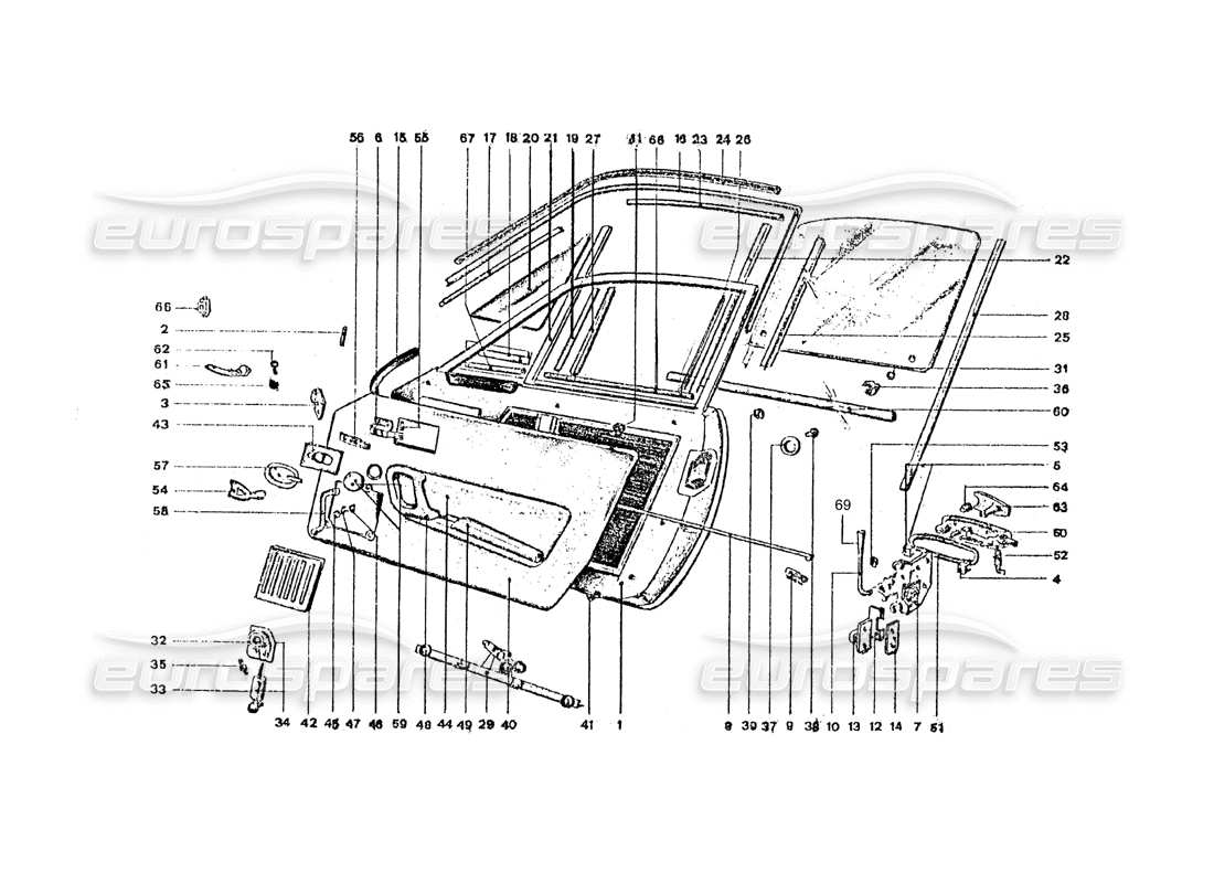 ferrari 365 gt4 2+2 coachwork diagrama de piezas de puertas y fijaciones interiores