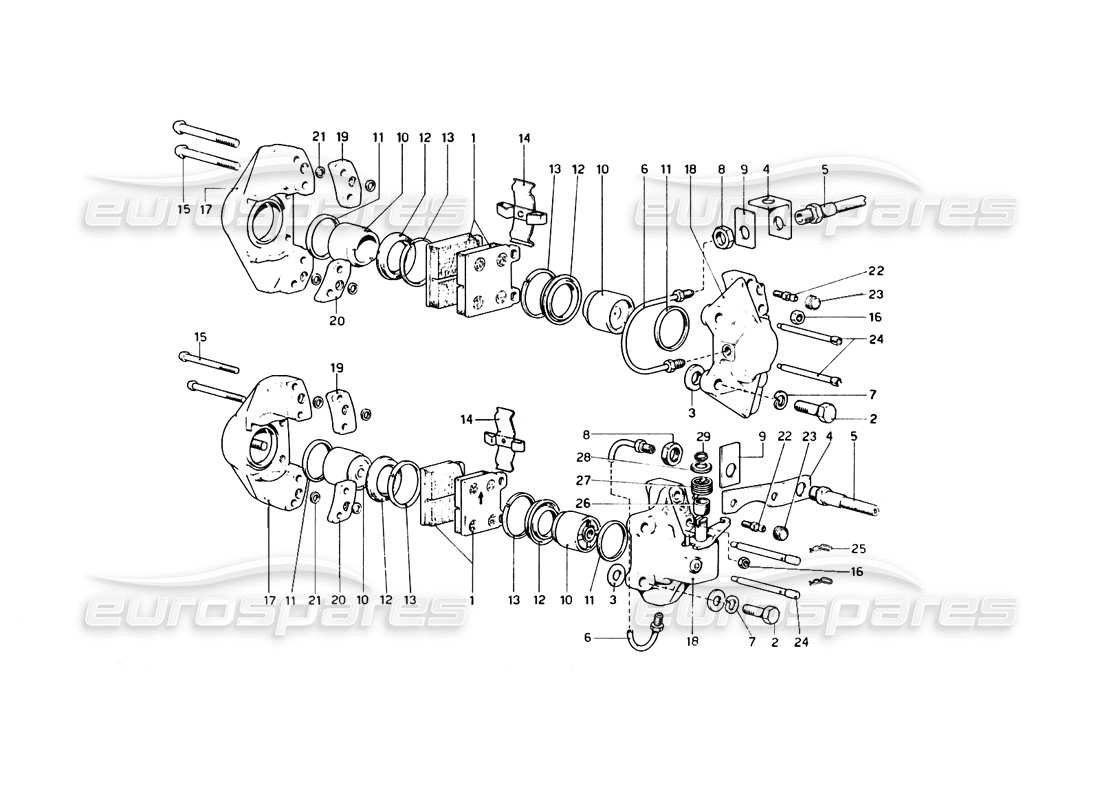 ferrari 246 dino (1975) diagrama de piezas de pinzas para frenos delanteros y traseros y freno de mano