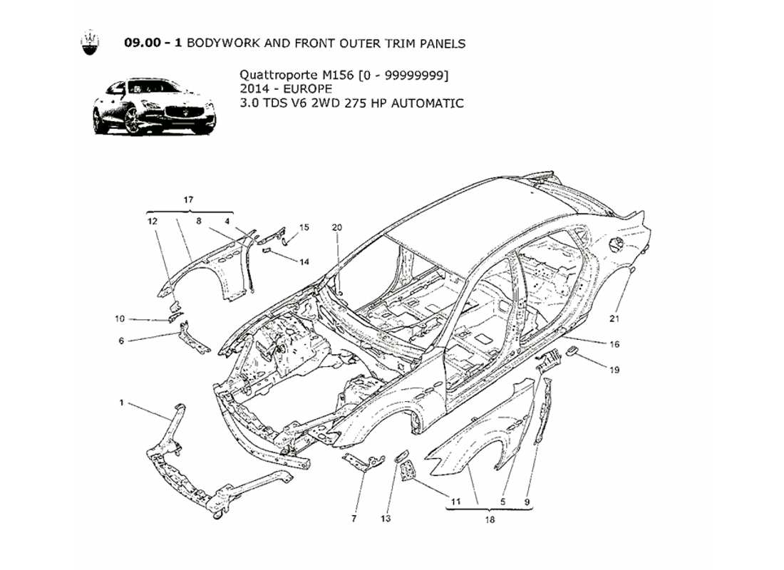 maserati qtp. v6 3.0 tds 275bhp 2014 diagrama de piezas de la carrocería y los paneles exteriores delanteros