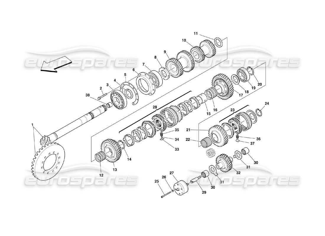 ferrari 360 challenge (2000) diagrama de piezas de engranajes del eje de apoyo