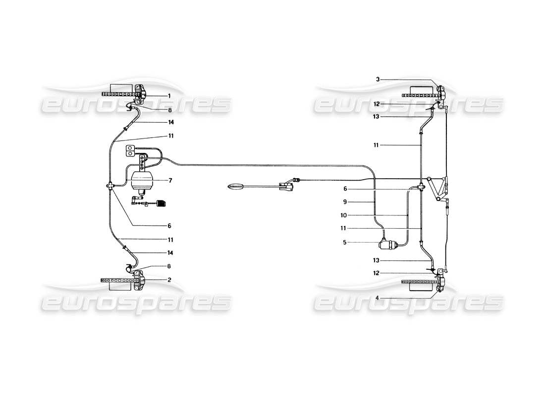 ferrari 246 dino (1975) diagrama de piezas del sistema hidráulico de frenos sobre ruedas