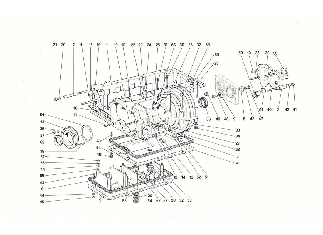 ferrari 208 gtb gts diagrama de piezas de caja de cambios, carcasa de diferencial y cárter de aceite