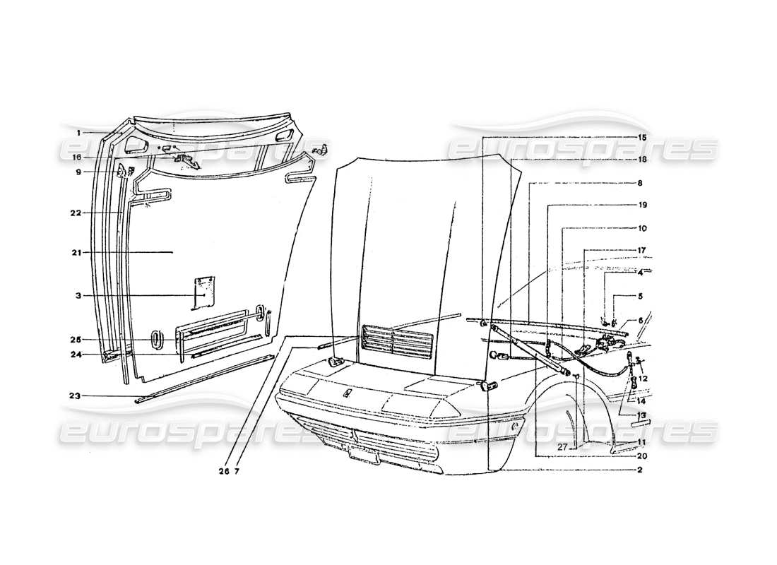 ferrari 365 gt4 2+2 coachwork diagrama de piezas del capó delantero