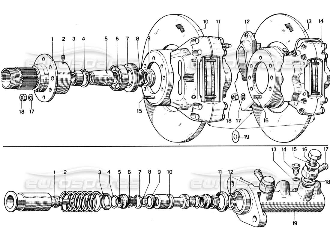 ferrari 330 gtc coupe diagrama de piezas del cilindro maestro y discos de frenos delanteros y traseros