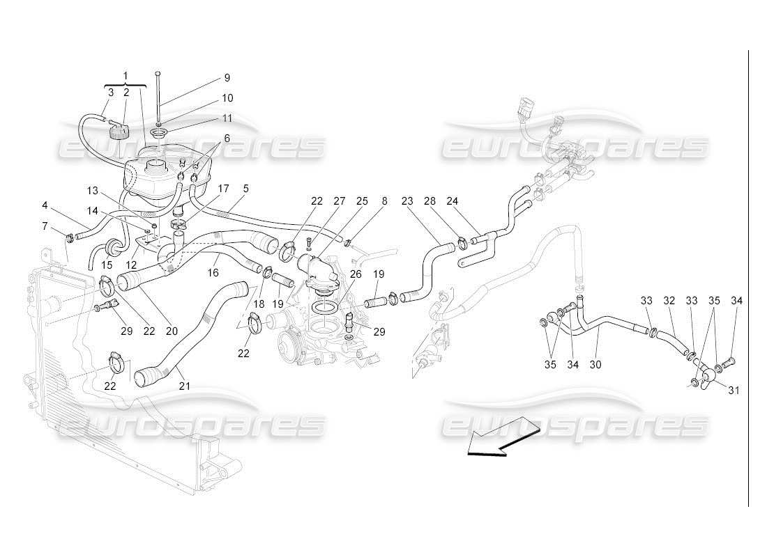 maserati qtp. (2007) 4.2 auto sistema de refrigeración: diagrama de piezas de nourice y líneas