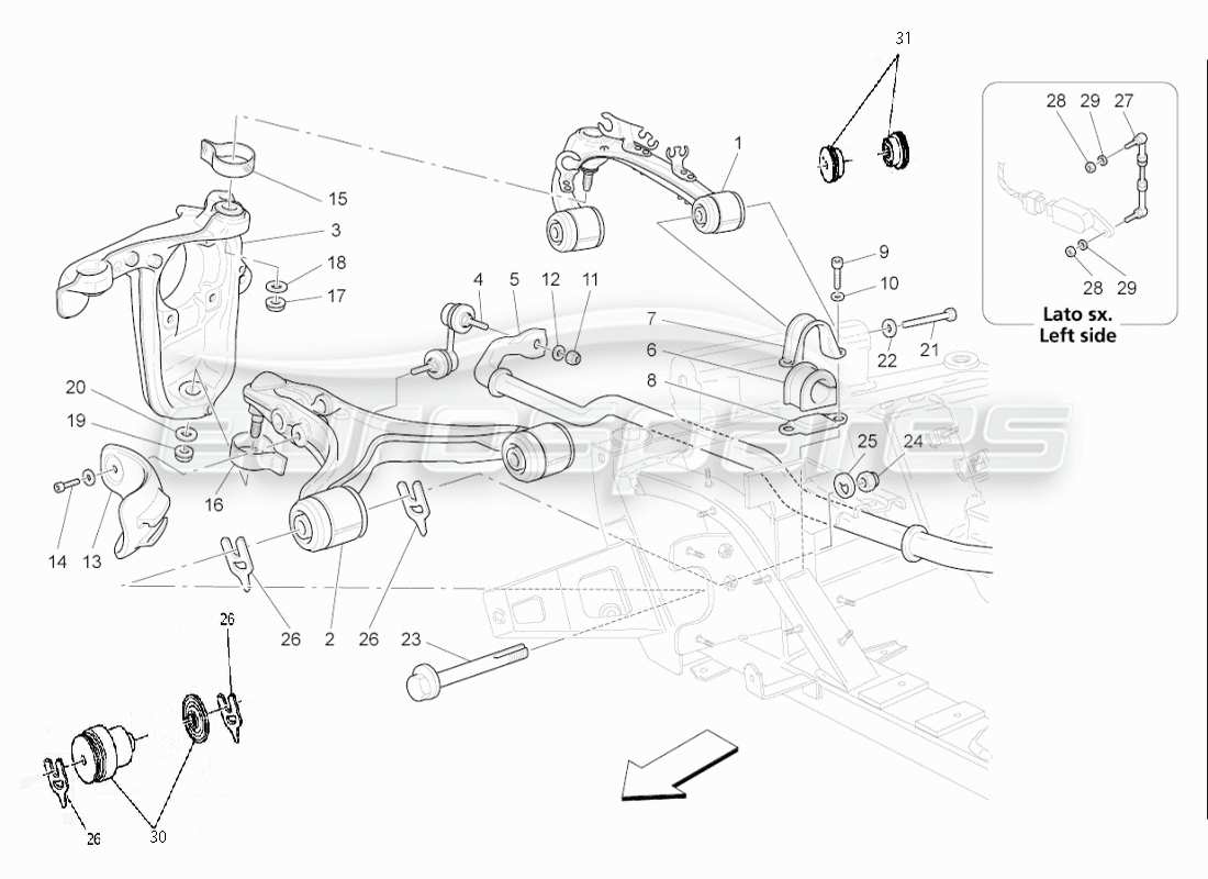 maserati qtp. (2008) 4.2 auto diagrama de piezas de la suspensión delantera