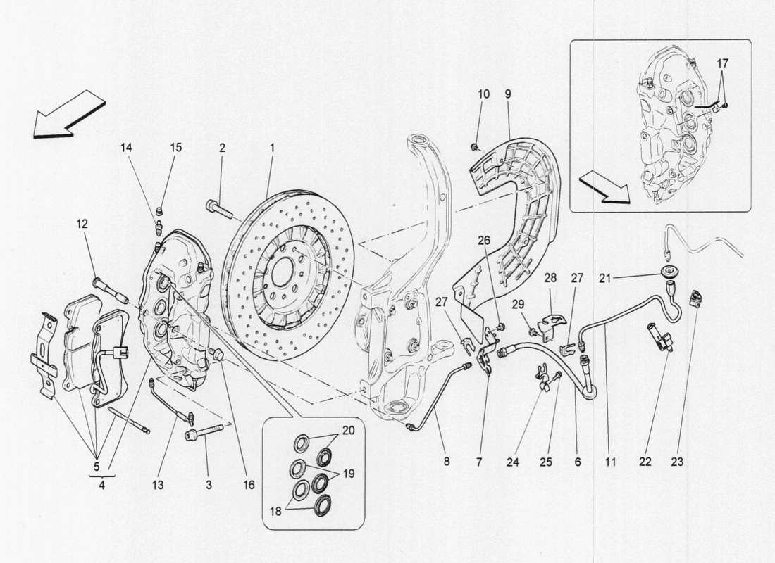 maserati qtp. v6 3.0 tds 275bhp 2017 diagrama de piezas de los dispositivos de frenado en las ruedas delanteras