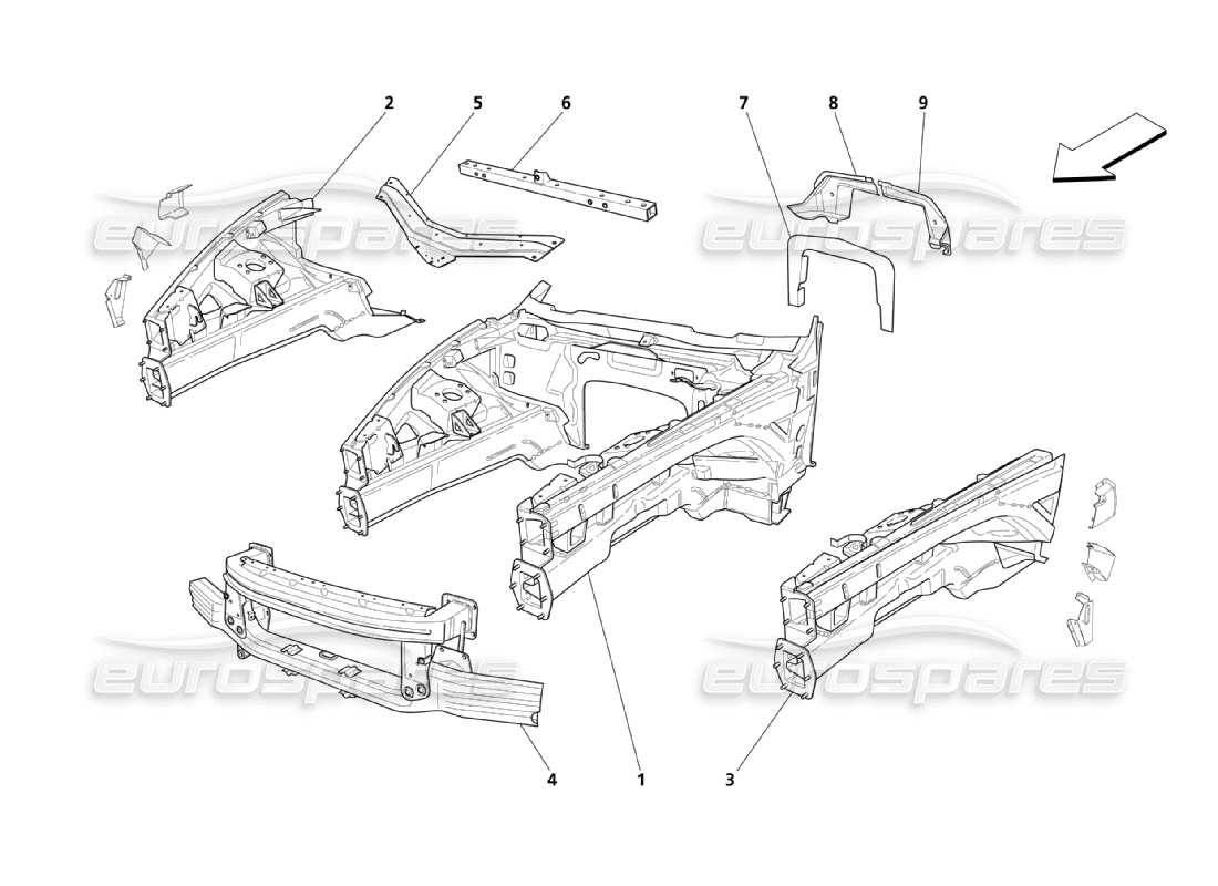 maserati qtp. (2003) 4.2 piezas estructurales delanteras diagrama de piezas