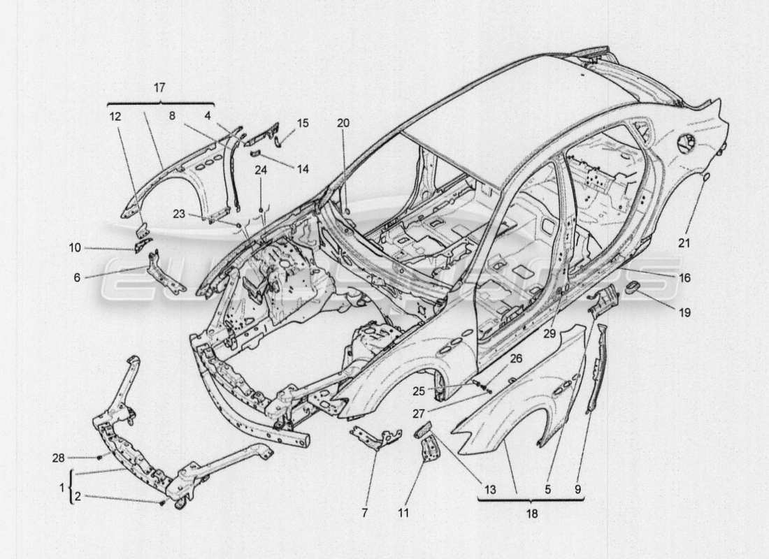 maserati qtp. v8 3.8 530bhp auto 2015 diagrama de piezas de la carrocería y los paneles exteriores delanteros