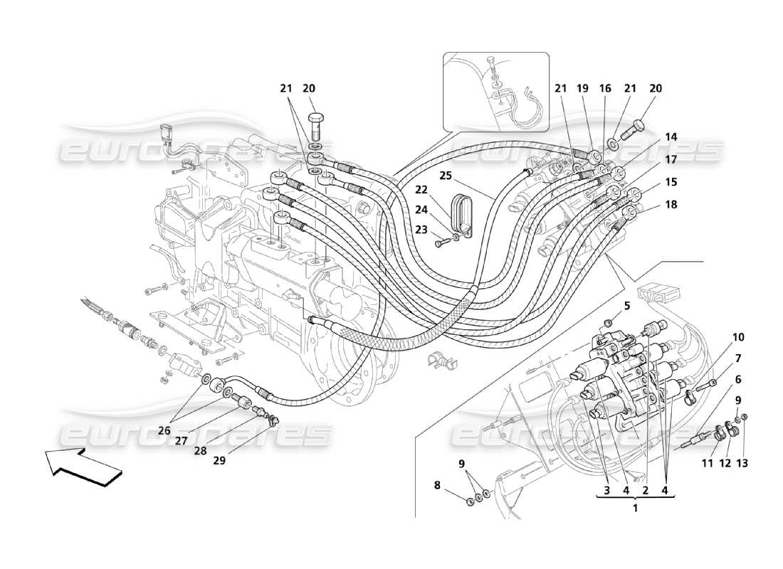 maserati qtp. (2003) 4.2 sistema hidráulico de control de la caja de cambios: diagrama de piezas de la unidad de potencia