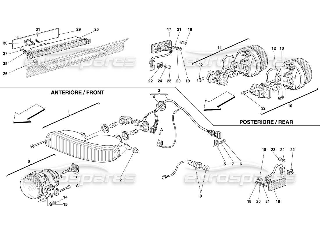 ferrari 355 (5.2 motronic) diagrama de piezas de las luces delanteras y traseras