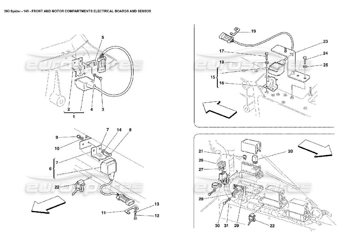 ferrari 360 spider diagrama de piezas de sensores y tableros eléctricos de los compartimentos frontal y del motor