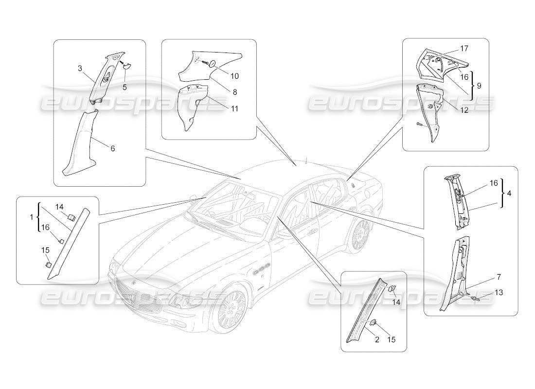 maserati qtp. (2010) 4.2 auto diagrama de piezas de paneles laterales y embellecedores del pilar b del compartimento de pasajeros