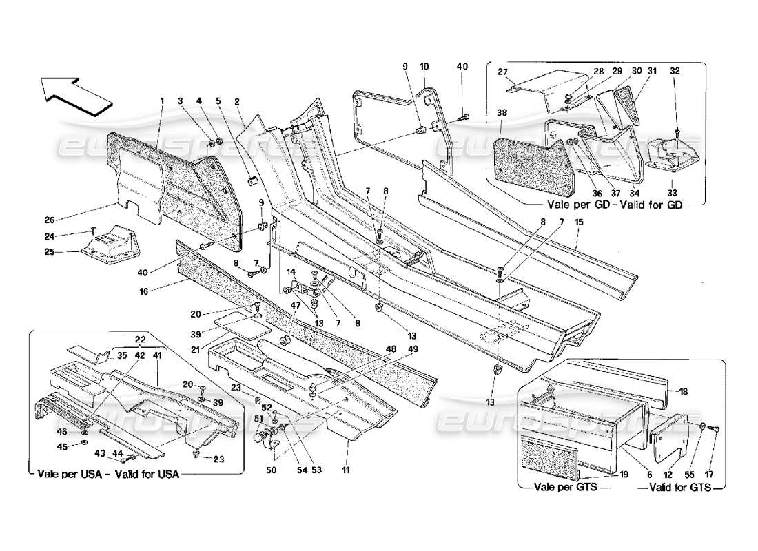 ferrari 348 (2.7 motronic) túnel: diagrama de piezas de estructura y molduras