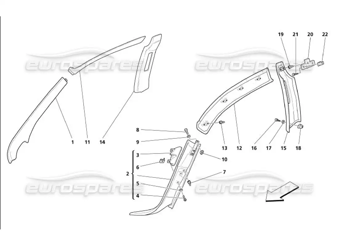 maserati 4200 gransport (2005) cubierta interior - cubierta de poste central y frontal - cubierta de riel lateral diagrama de piezas