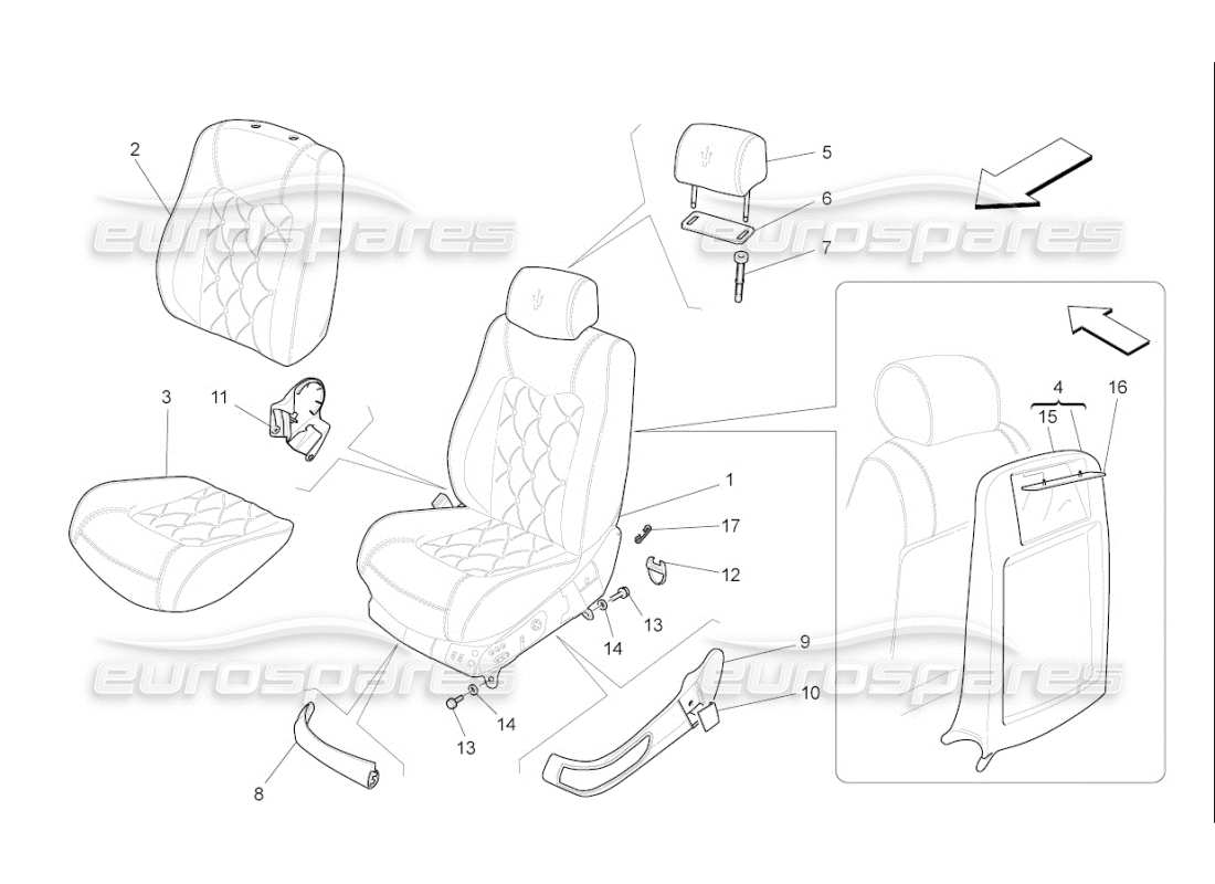 maserati qtp. (2008) 4.2 auto asientos delanteros: diagrama de piezas de los paneles tapizados