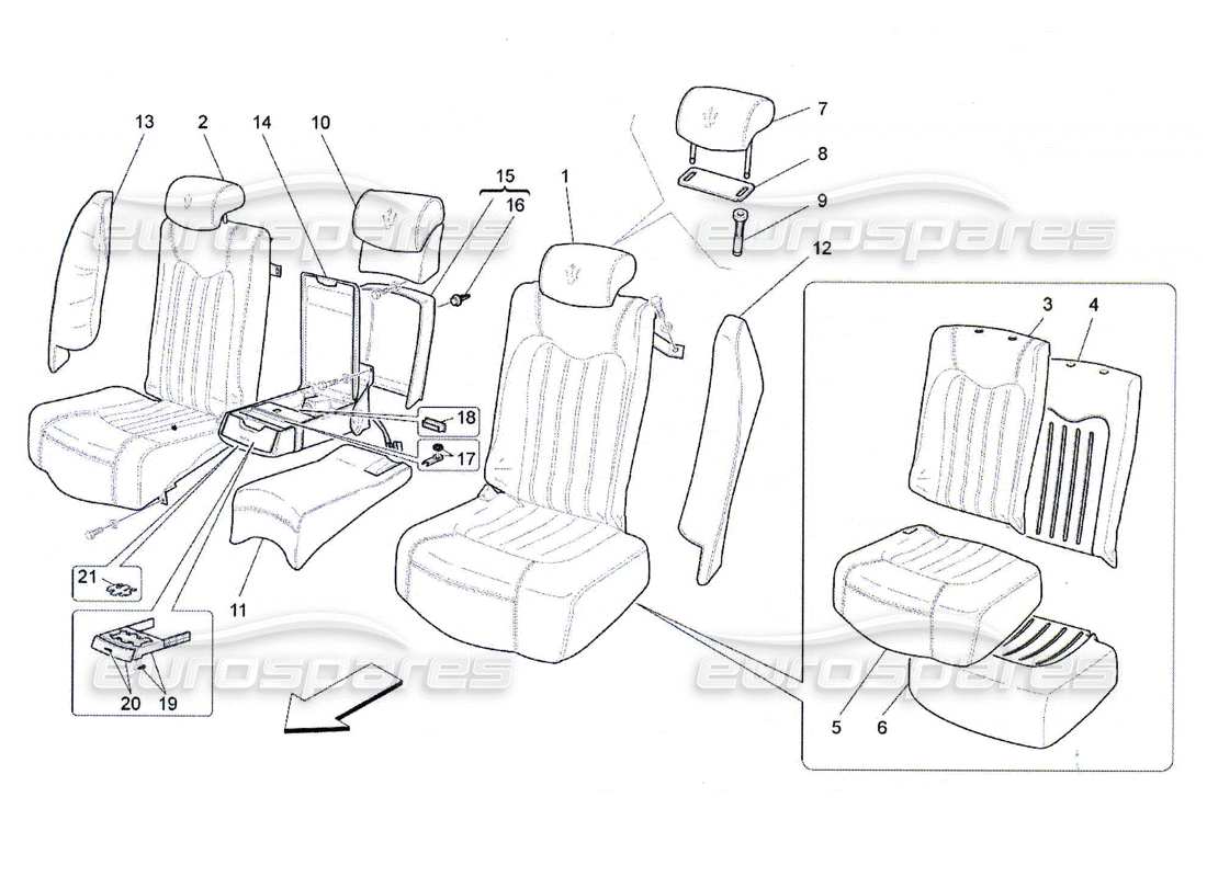 maserati qtp. (2010) 4.7 asientos traseros: paneles acabados diagrama de piezas