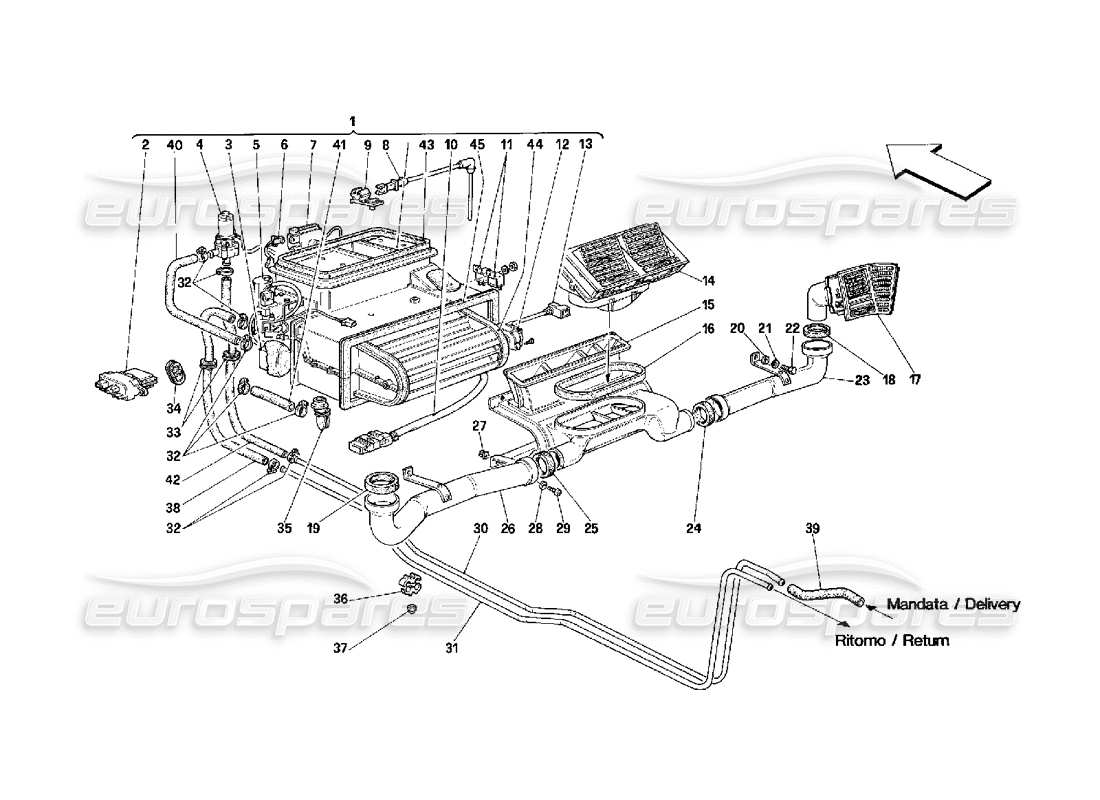 ferrari 348 (2.7 motronic) diagrama de piezas de aireación de la unidad del evaporador y del compartimento de pasajeros