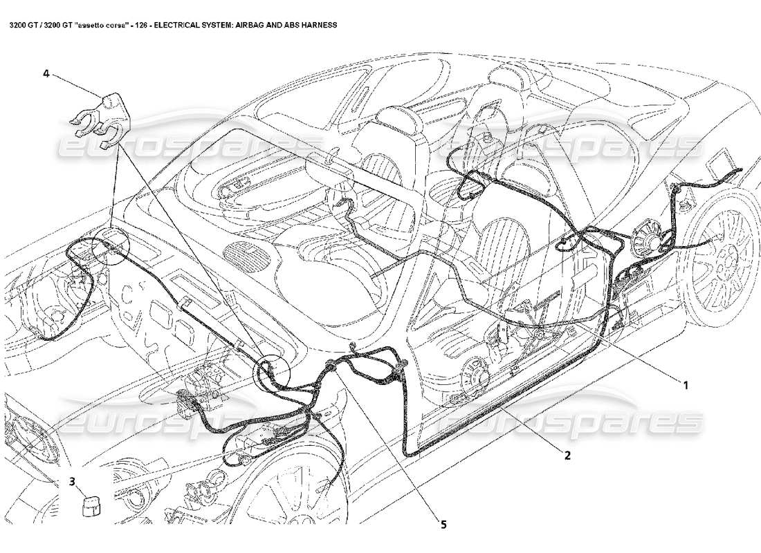 maserati 3200 gt/gta/assetto corsa eléctrico: diagrama de piezas del arnés de airbag y abs