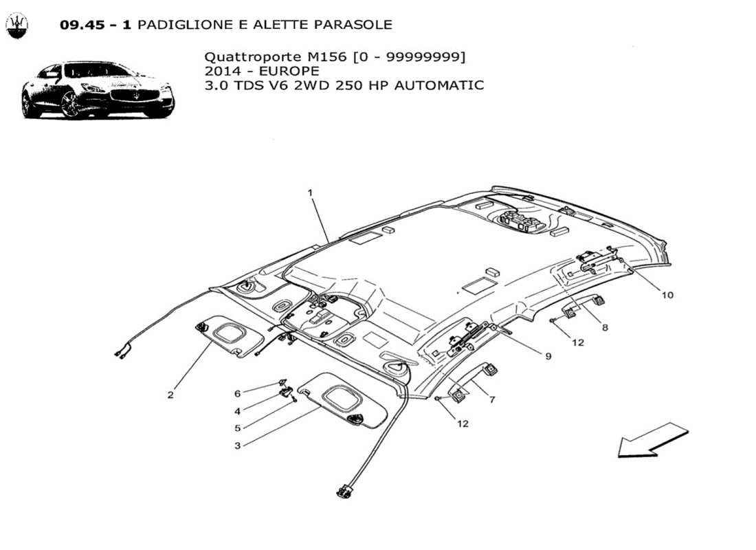 maserati qtp. v6 3.0 tds 250bhp 2014 diagrama de piezas de techo y parasoles