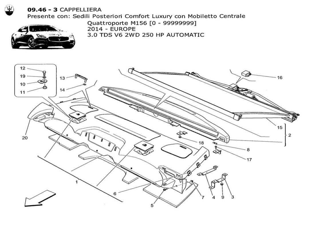 maserati qtp. v6 3.0 tds 250bhp 2014 diagrama de piezas del estante trasero para paquetes