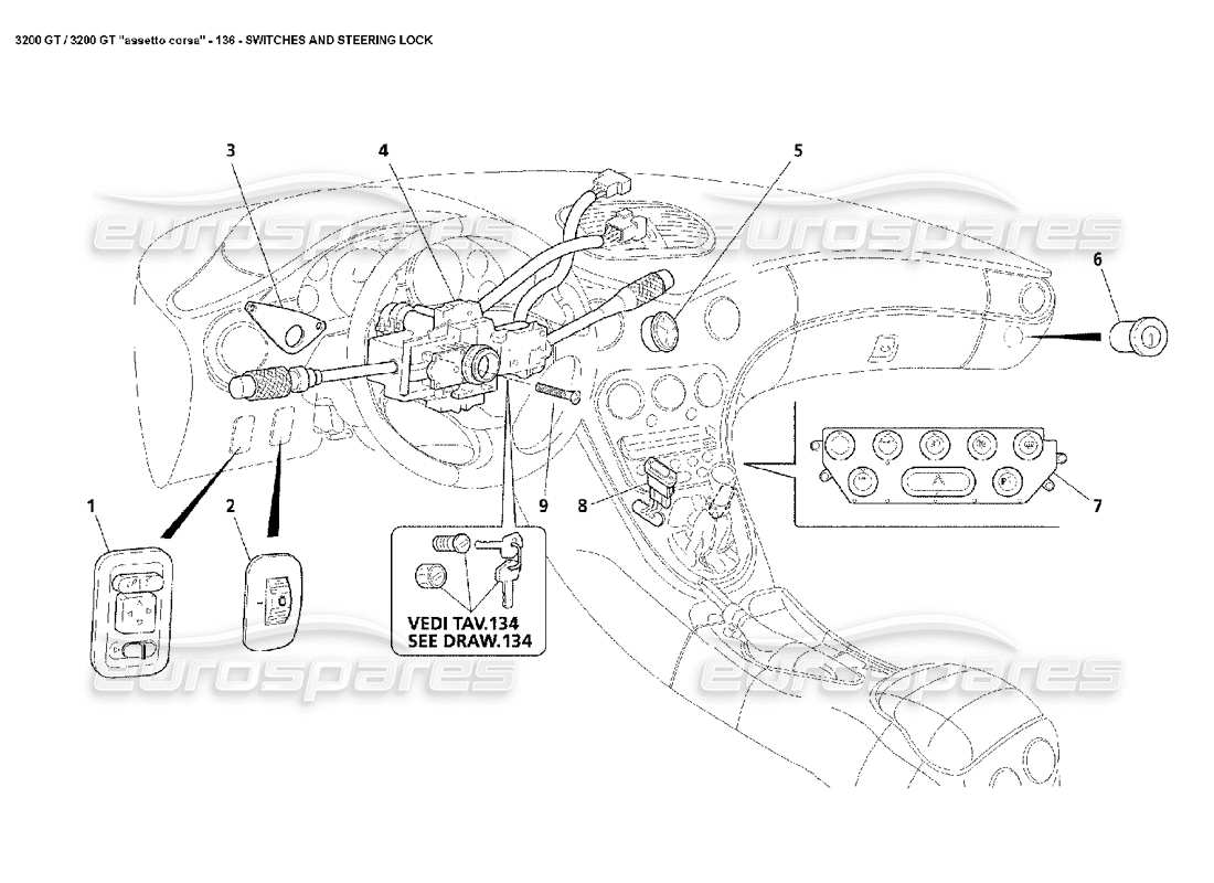 maserati 3200 gt/gta/assetto corsa diagrama de piezas de interruptores y bloqueo de dirección