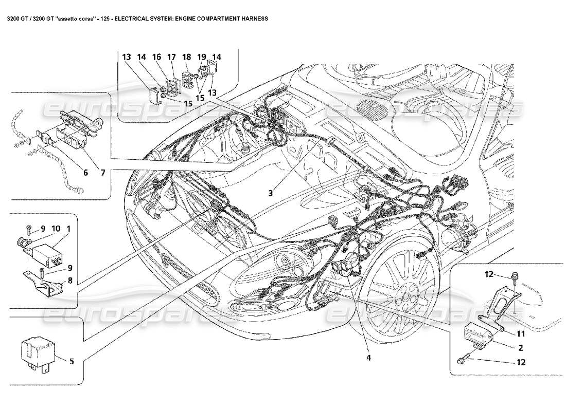 maserati 3200 gt/gta/assetto corsa electrical: engine compartment harness diagrama de piezas