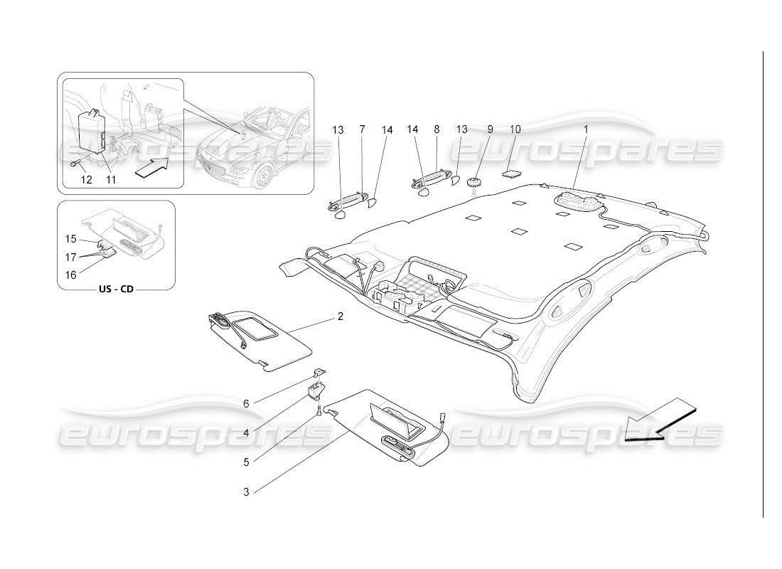 maserati qtp. (2007) 4.2 auto diagrama de piezas de techo y parasoles