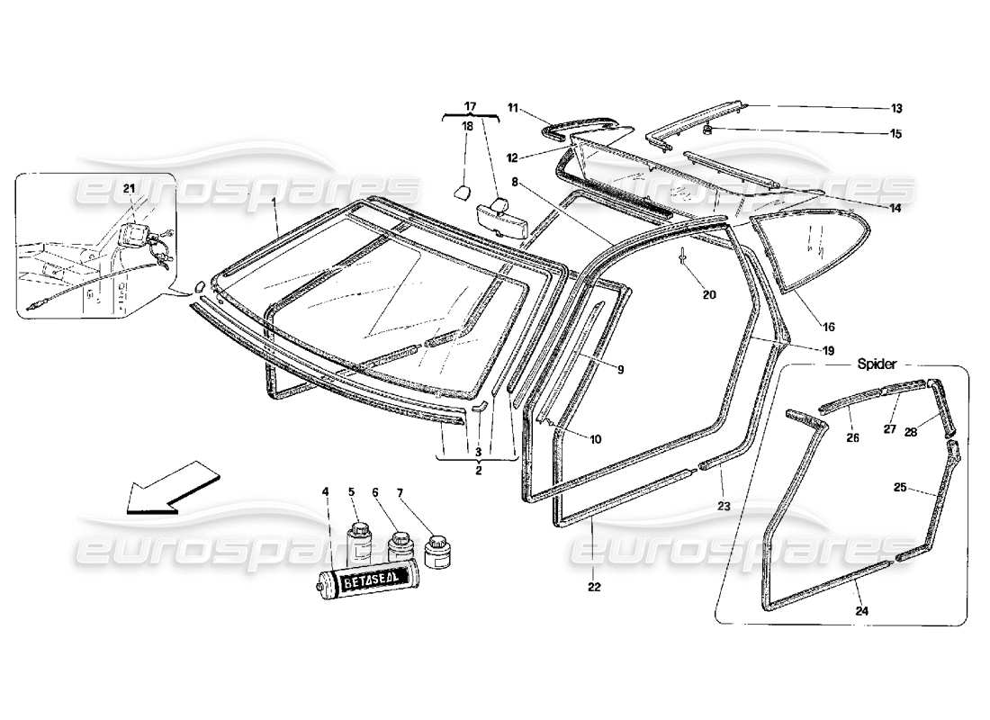 ferrari 348 (2.7 motronic) diagrama de piezas de vidrios y juntas