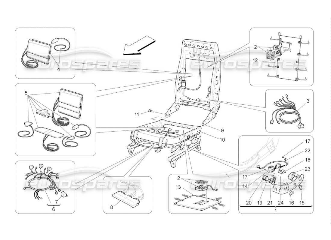 maserati qtp. (2009) 4.7 auto asientos delanteros: diagrama de piezas de mecánica y electrónica