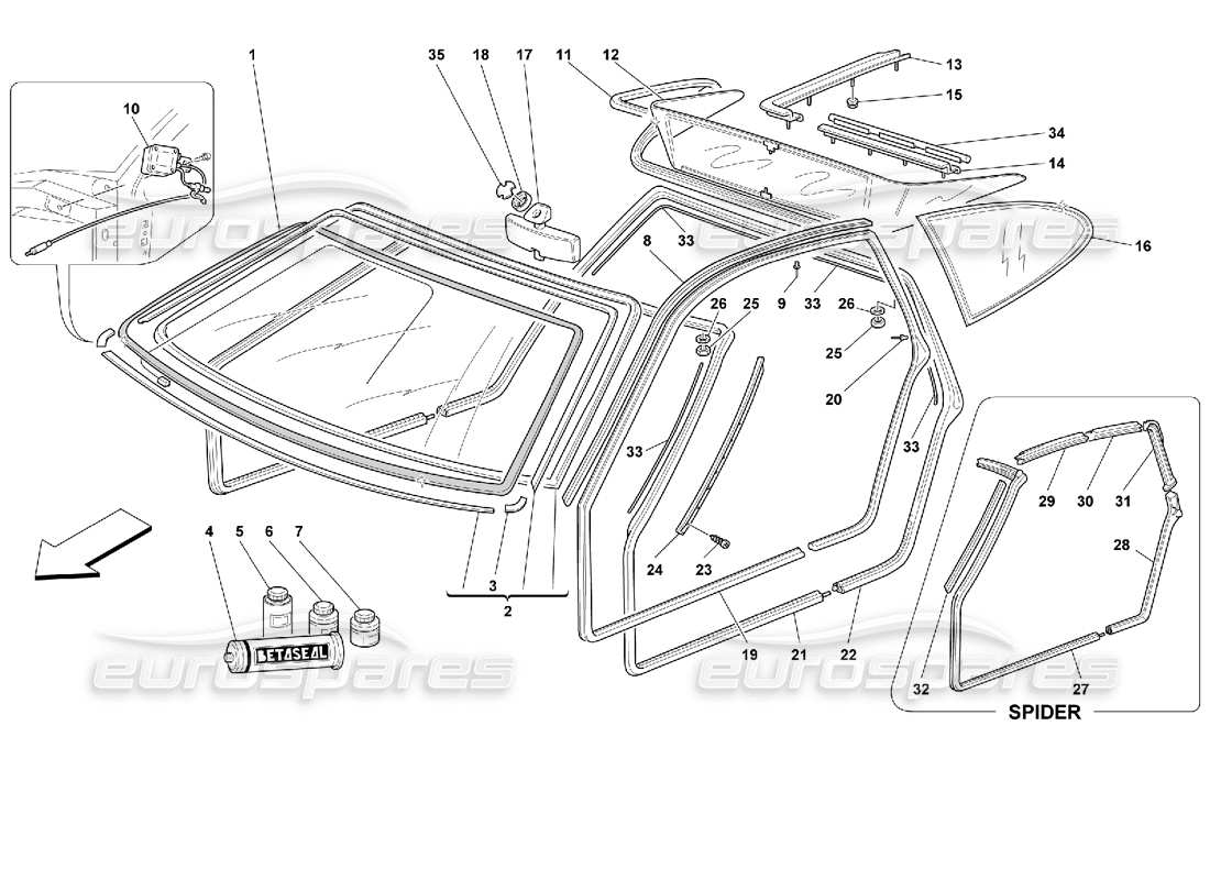 ferrari 355 (2.7 motronic) vidrios y juntas diagrama de piezas