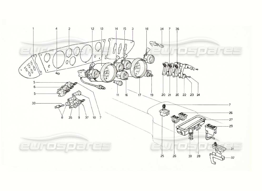 ferrari 308 gt4 dino (1976) diagrama de piezas de instrumentos y accesorios