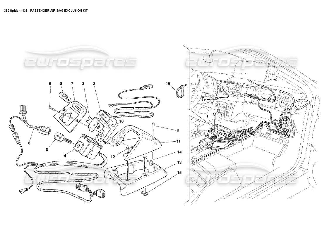 ferrari 360 spider diagrama de piezas del kit de exclusión de bolsa de aire del pasajero