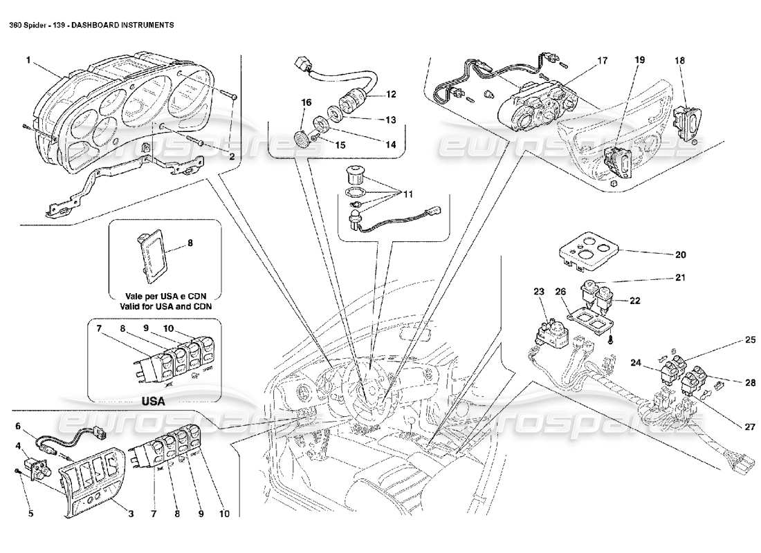 ferrari 360 spider diagrama de piezas de instrumentos del tablero