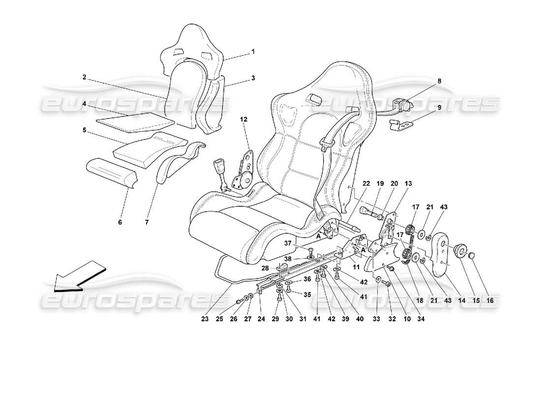 ferrari 355 (2.7 motronic) diagrama de piezas de asientos y cinturones de seguridad