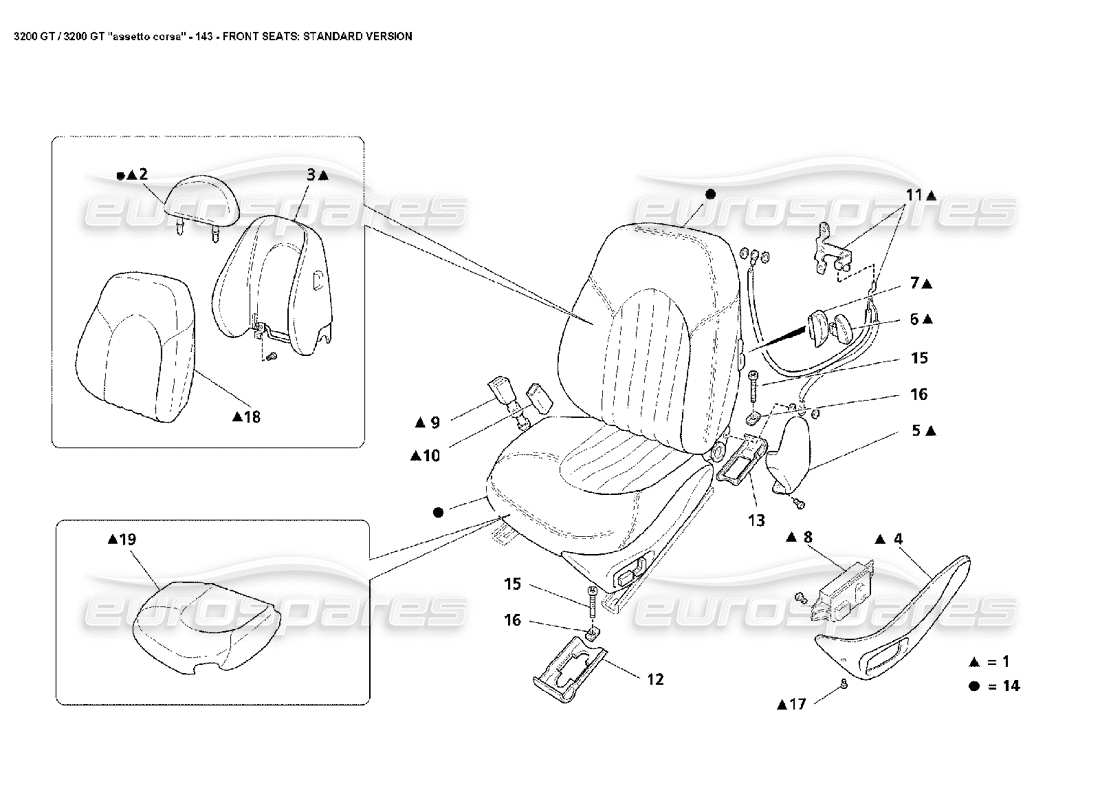 maserati 3200 gt/gta/assetto corsa asientos delanteros: diagrama de piezas de la versión estándar