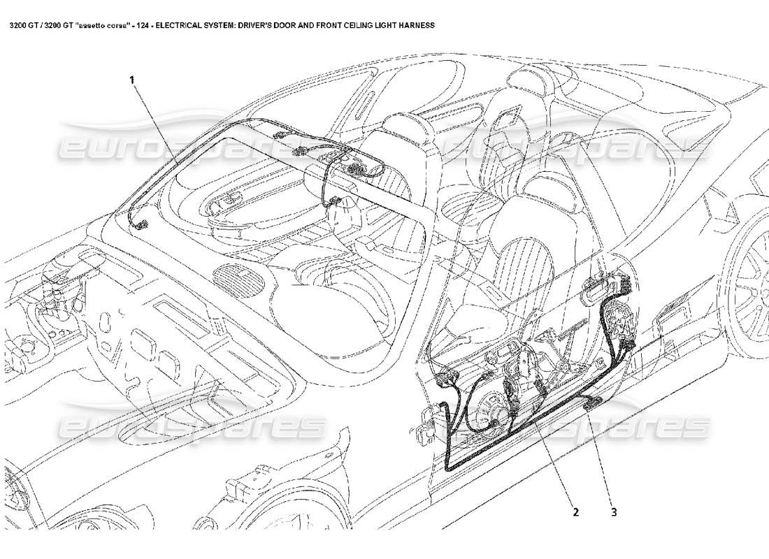maserati 3200 gt/gta/assetto corsa eléctrico: diagrama de piezas del arnés de la luz del techo delantera y de la puerta del conductor