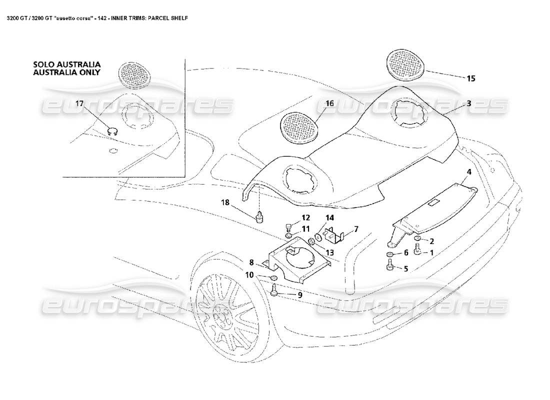 maserati 3200 gt/gta/assetto corsa adornos interiores: diagrama de piezas del estante para paquetes