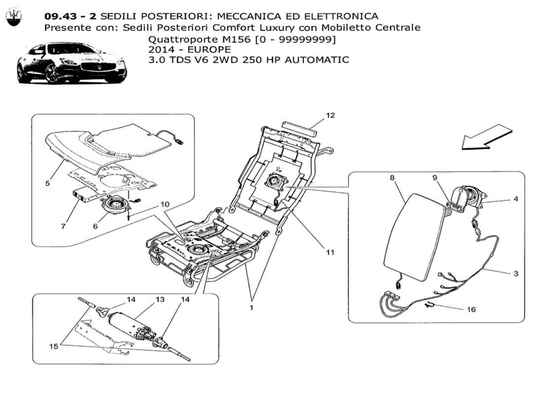 maserati qtp. v6 3.0 tds 250bhp 2014 asientos traseros: diagrama de piezas de mecánica y electrónica
